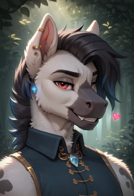 score_9, score_8_up, score_7_up, score_6_up, 1anthro, male, , furry, detailed fur, anthro, eyes, , perfect face, detailed eyes, perfect eyes, sexy, sexy boy, beautiful eyes, perfect cute face, petite body, face focus, dynamic angle, body shot, full body, looking at viewer, face focus, outdoors, detailed lighting, detailed background, upper body, portrait, eyes focus,
smug expression, floating hearts, eye focus, smug, pleased, mischievous, smirk, seductive pose, , flirty, flirting with viewer, forest, woods, wilderness, nature, detailed teeth,
detailed eyes, perfect eyes, beautiful eyes, , bedroom eyes, detailed eyes, perfect eyes, beautiful eyes, , detailed fur, tail, eyes, realistic fur, , solo, 1 boy, young, (((handsome, detailed face and eyes))), solo, anthro, furry male, equine boy, white body fur, Therium, Therium_Lust_shards, equine, stallion, white fur, fur pattern, red eyes, jewelry, blue gem on ear, blue ear piercing, waistcoat, gold threads, brown pouch, black trousers, belt, gold emblem on belt, tail, sleeveless, bare arms, <lora:Therium_-_Lust_Shards:0.75>
tail, uncensored, equine mouth,
<lora:CleanDetailed_Eyes:0.25>
<lora:princess_xl_v1:1> <lora:Expressive_H:0.65> <lora:g0th1cPXL:0.45> <lora:incase-ilff-v3-4:0.3>