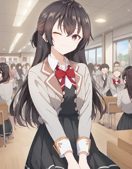 score_9, score_8_up, score_7_up, source_anime,
1girl, crowd, looking at viewer, indoors, blurry backround, cowboy shot, happy, one eye closed, school, cafeteria,
yuki suou, black hair, long hair, half updo, hair between eyes, purple eyes,
school uniform, grey jacket, open jacket, long sleeves, red bow, white shirt, collared shirt, black vest, buttons, black dress,
<lora:yuki_suou_anime_v4-soralz:1>