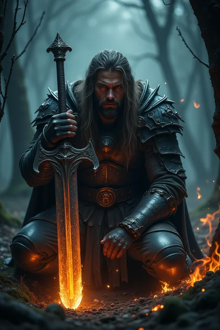 Cinematic style, A highly detailed and cinematic scene of a rugged warrior kneeling in a dark, misty forest. The warrior has long, tousled hair and a determined expression, wearing intricate, weathered armor with a medieval, fantasy design. He holds a massive, glowing sword that emits a fierce, fiery light, contrasting against the dark, eerie atmosphere of the forest. The background is shrouded in fog, with twisted, bare trees and subtle embers floating in the air, adding a sense of mystique and danger. The lighting emphasizes the warrior's muscular form and the ornate details of his armor, creating a dramatic and intense mood.