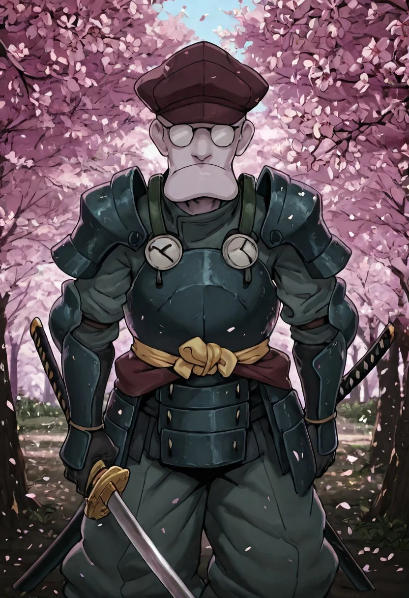 Masterpiece, best quality, absurdres, highest quality, solo, 1boy, Eustace, Bagge, hat, glasses, samurai armor, holding katana, cherry blossoms in background, facing viewer, detailed background,