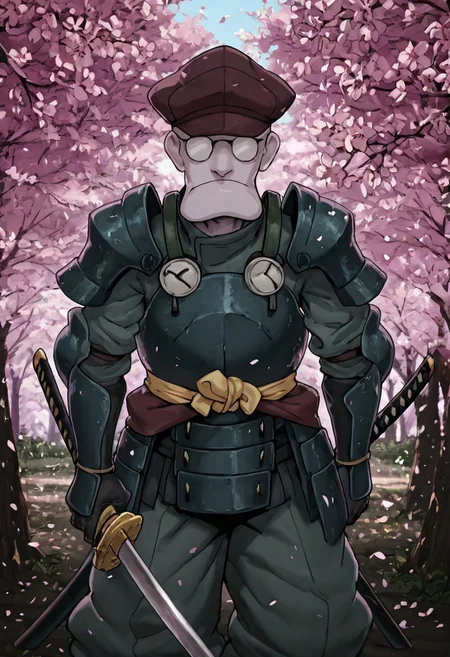 Masterpiece, best quality, absurdres, highest quality, solo, 1boy, Eustace, Bagge, hat, glasses, samurai armor, holding katana, cherry blossoms in background, facing viewer, detailed background,
