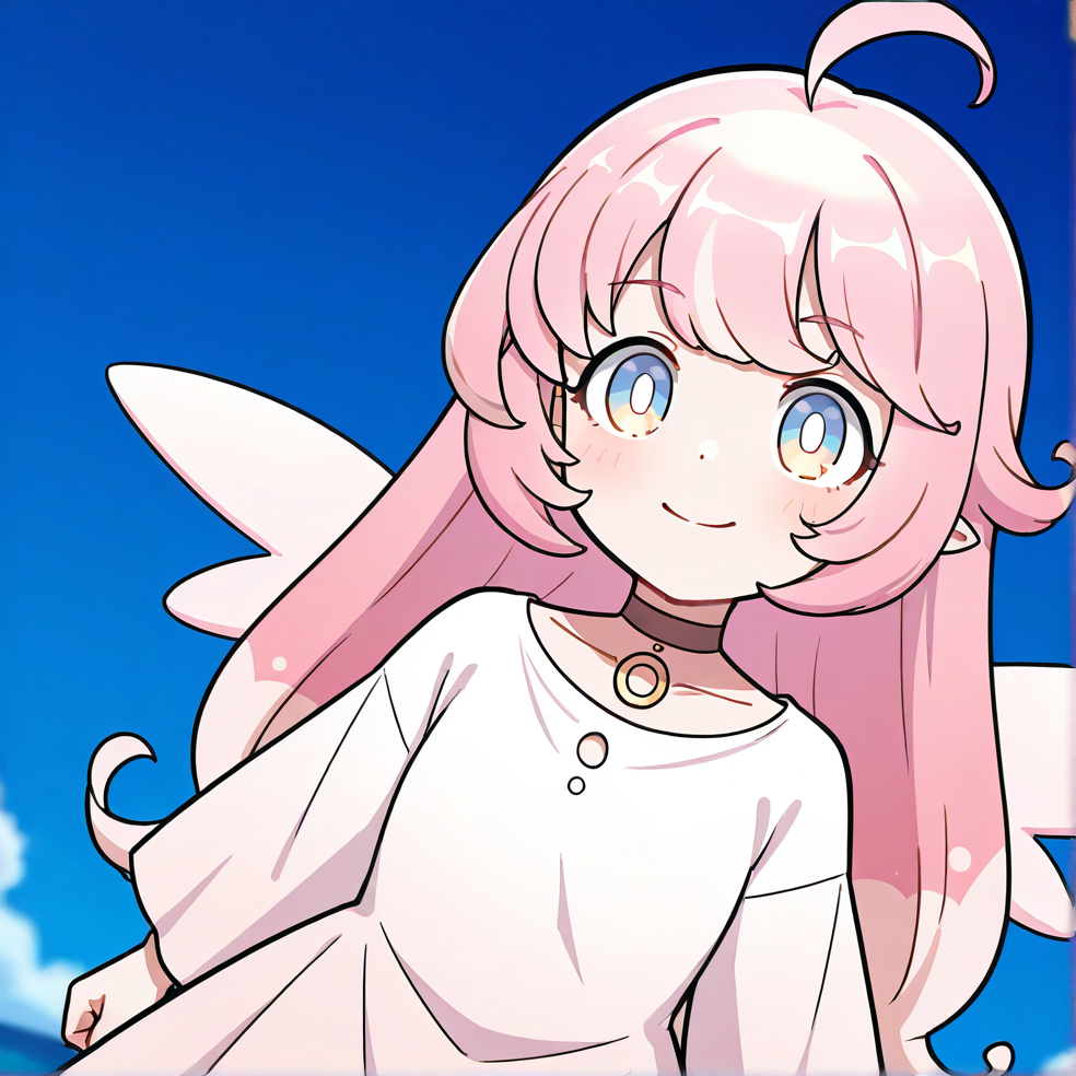 masterpiece, best quality, very aesthetic, absurdres, detailed, break, raphy_(princess_connect), 1girl,long hair,pink hair,ahoge,multicolored hair,bangs,blue eyes,wings,white dress,choker