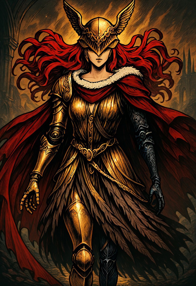 masterpiece, best quality, newest, absurdres, highres, NFCV1.0, 
1girl, malenia blade of miquella, floating hair, red hair, long hair, prosthetic leg, armor, gold armor, winged helmet, armor, red cape, prosthetic arm, single mechanical arm,