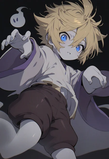 masterpiece, best quality, male focus, solo male, ghost boy, ghost pose, shirt, floating, grey skin, shorts, parted lips, wide sleeves, <lora:takeru-takaishi-s1-ponyxl-lora-Digimon:1>, takeru takaishi, blonde hair, blue eyes