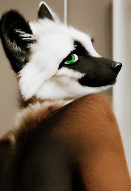 Lemur, green eyes, two tone fur, orange and white fur, brown strip down back,