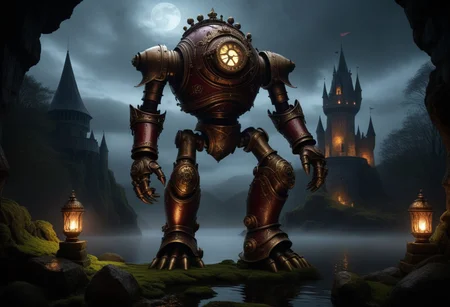 giant bipedal robot brass and dark red, bronze paisley robot. lacy robot metal. diving helmet head. outside of a steampunk keep. large detailed torso. dark image. one forty foot tall ancient robot with great arms and two heavy spring legs. dark foggy night background. $dark foggy night image only. dark photo realistic image. steampunk details. cogs, chains and pipes incorporated in the fantasy buildings. magic wizards tower in background. Dark swamp, moss, castle ruins, wizards tower. stormy dark night. stormy sky.