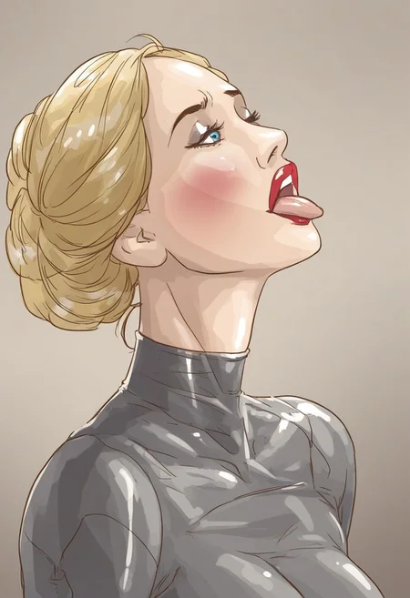 Erenisch, fetish, kink, comic artwork,score_9, score_8_up, score_7_up, extremely detailed,
1woman, adult woman, age:35, portrait, blonde, athletic, in bed, mouth open wide, sticking tongue out, excited, eyes closed, ((blue eye shadow)), glossy red lipstick, shiny skin glistening,  beautiful neck, messy bun, woman's suit,