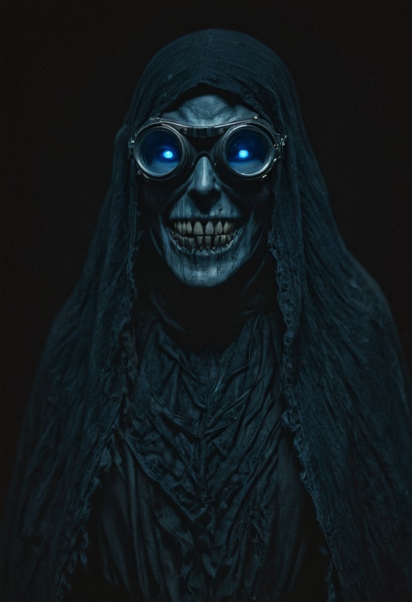 analog film photo Realistic portrait of a sinister, enigmatic figure with a malevolent grin. The figure wears intricately designed, mechanical goggles that emit a cold, blue light, casting an eerie glow on their eyes. The grin reveals sharp, menacing teeth, adding to the figures unsettling demeanor. The figure's long, disheveled hair frames their face, and they are draped in a dark, tattered cloak. The background is a deep, shadowy blackness, enhancing the figure's menacing presence. The lighting is dramatic and highlights the gleaming, mechanical details of the goggles, intensifying the overall mood of eerie tension and malevolence.  faded film, desaturated, 35mm photo, grainy, vignette, vintage, Kodachrome, Lomography, stained, highly detailed, found footage,
use colors like teal and colors like dark teal and colors like navy