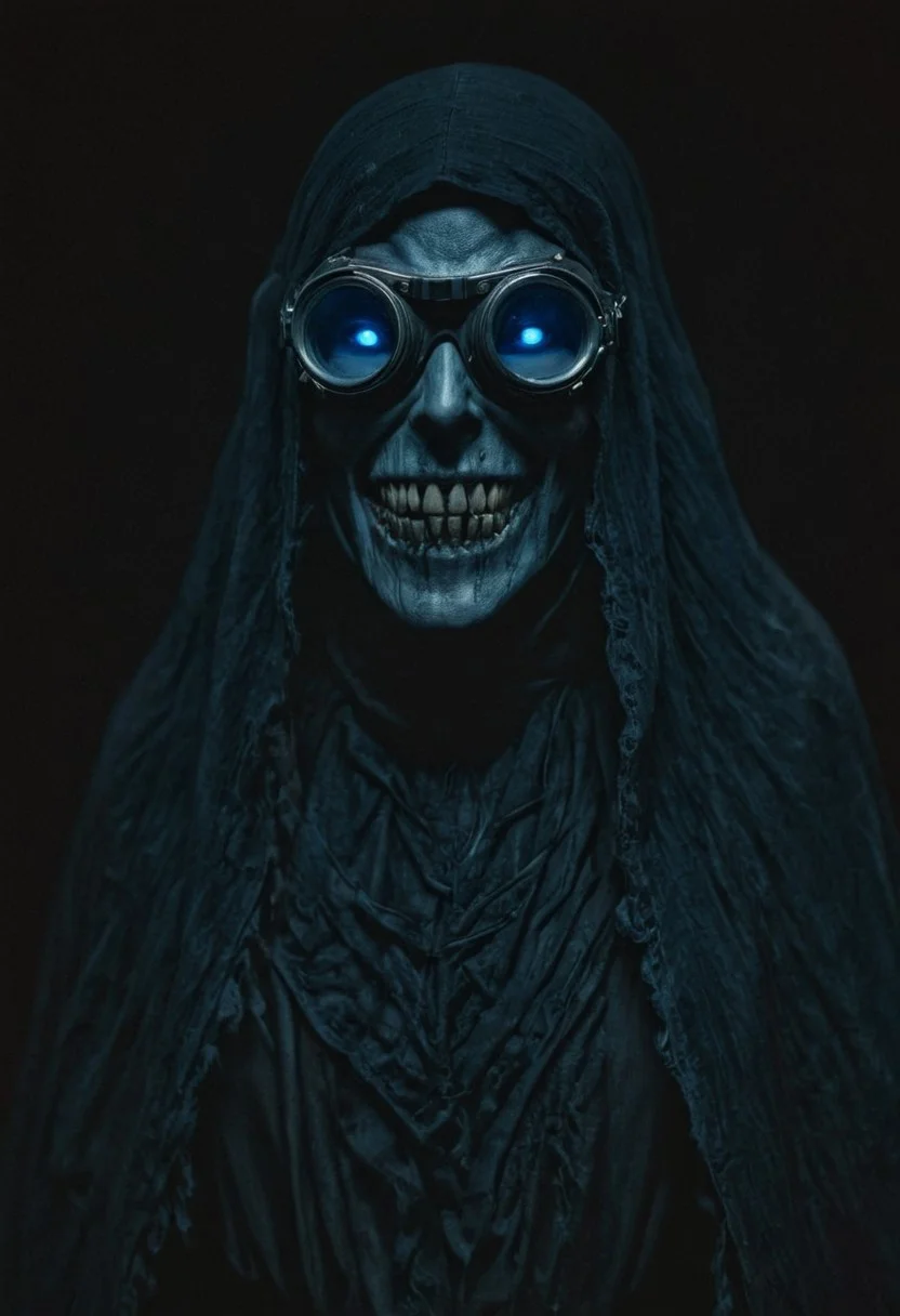 analog film photo Realistic portrait of a sinister, enigmatic figure with a malevolent grin. The figure wears intricately designed, mechanical goggles that emit a cold, blue light, casting an eerie glow on their eyes. The grin reveals sharp, menacing teeth, adding to the figures unsettling demeanor. The figure's long, disheveled hair frames their face, and they are draped in a dark, tattered cloak. The background is a deep, shadowy blackness, enhancing the figure's menacing presence. The lighting is dramatic and highlights the gleaming, mechanical details of the goggles, intensifying the overall mood of eerie tension and malevolence. faded film, desaturated, 35mm photo, grainy, vignette, vintage, Kodachrome, Lomography, stained, highly detailed, found footage,
use colors like teal and colors like dark teal and colors like navy