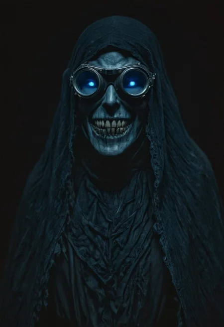 analog film photo Realistic portrait of a sinister, enigmatic figure with a malevolent grin. The figure wears intricately designed, mechanical goggles that emit a cold, blue light, casting an eerie glow on their eyes. The grin reveals sharp, menacing teeth, adding to the figures unsettling demeanor. The figure's long, disheveled hair frames their face, and they are draped in a dark, tattered cloak. The background is a deep, shadowy blackness, enhancing the figure's menacing presence. The lighting is dramatic and highlights the gleaming, mechanical details of the goggles, intensifying the overall mood of eerie tension and malevolence. faded film, desaturated, 35mm photo, grainy, vignette, vintage, Kodachrome, Lomography, stained, highly detailed, found footage,
use colors like teal and colors like dark teal and colors like navy