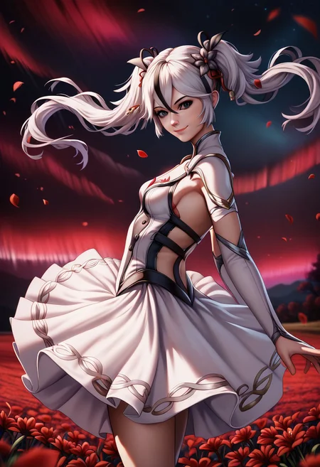 camellya, black eyes, twintails, hair flower,hair ornament,white hair,streaked hair
Playful smirk
DNDFG, Detailed drawing
1 solo girl, dancing ballet. white-red flowers, white-red petals, wind, flower field, wind, night, red aurora borealis, dark sky, girl focus
detailed background, detailed