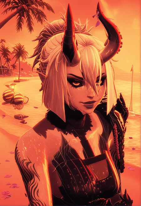 GLSHS,delicate colors,partially illuminated, (masterpiece, absurdres, very awa:1.4), golden hour, orange theme, sunset, beach, rocks, beach ball, sand, palm tree, smug, looking at viewer, female focus, (portrait:1.3), fortnitetacticalnightrose, 1girl, white hair, short hair, long hair, single hair bun, ponytail, hair between eyes, yellow eyes, blue eyes, black sclera, colored sclera, purple lips, makeup, closed mouth, horns, black horns, single horn, pointy ears, tattoo, bare shoulders, shoulder armor, pauldrons, vambraces, gauntlets, gloves, black gloves, armor, japanese armor, breastplate, colored skin, rope, claws, claw footwear, water, wet skin, towel draped around body, cleavage, steam, gentle ripples in water, warm lantern glow, flower petals floating on water, <lora:GLSHS-IL:1.3>, <lora:Fortnite_The_Night_Rose_All_Outfits_ILXL:1.1>, <lora:dmd2_sdxl_4step_lora:1>