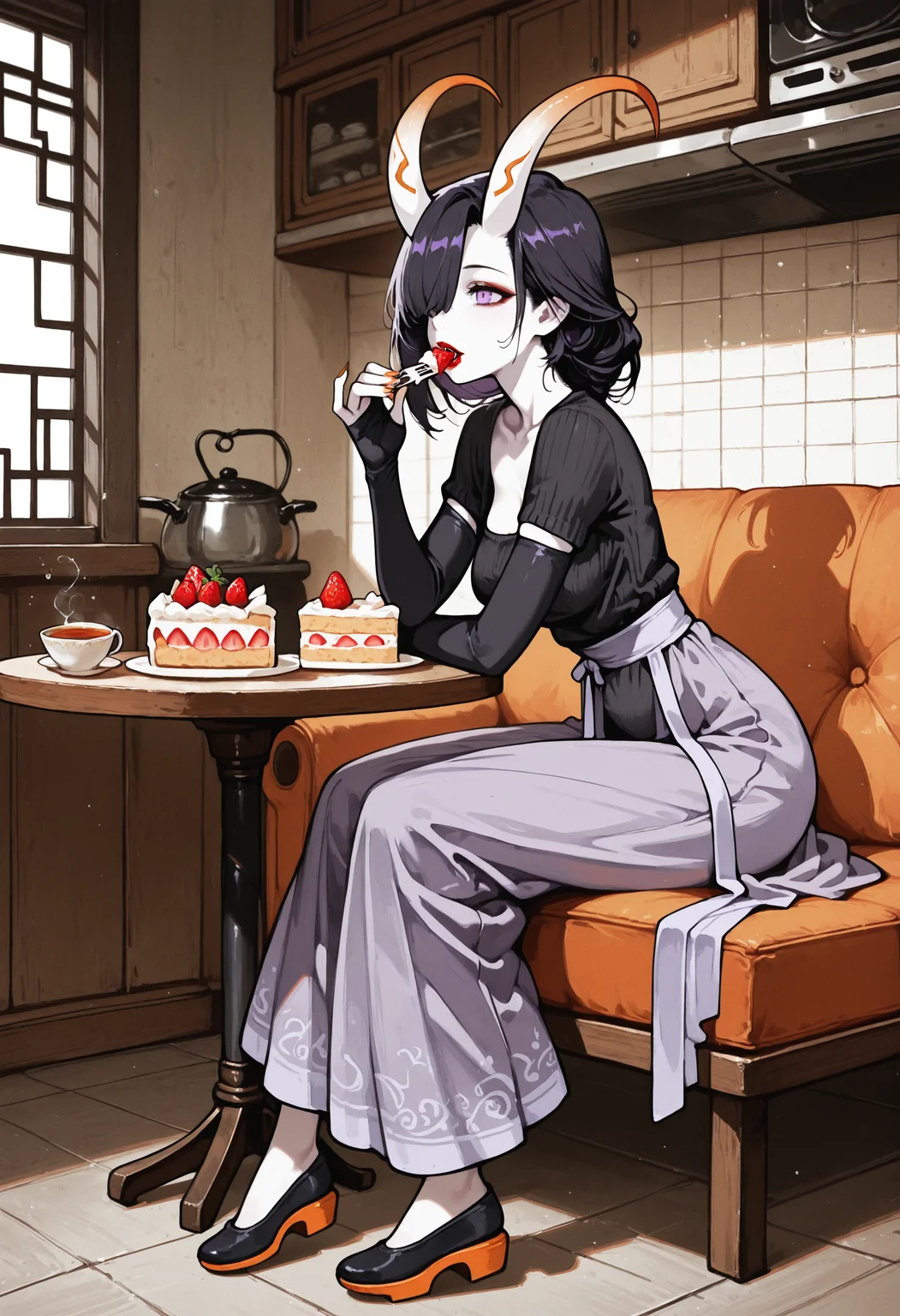 masterpiece, best quality, amazing quality, high res image, very aesthetic,
absurdres, beautiful, indoors,scenery, elbow length gloves,
cosy black sweater, hanfu, absurdres, geta shoes, solo, orange nails,
1girl, solo, mature female, white thick horns, long horns,
black hair, pale skin, purple eyes, hair over one eye, medium hair, medium breasts, red lipstick,
Sitting at table, eating a cake, strawberry cake, bite on cake, window behind, kitchen background, cup of tea,
<lora:HanDarkTalesIL-style:1>