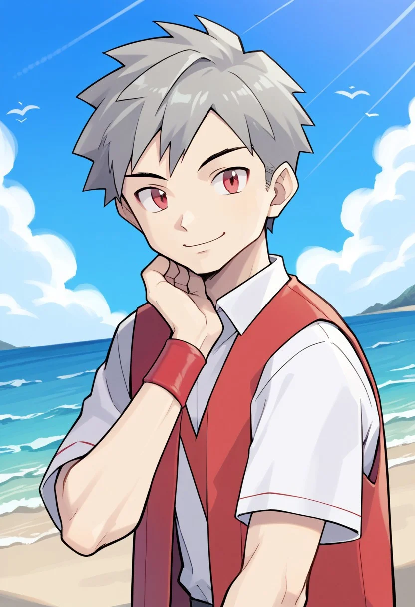 (source_anime, score_9, score_8_up, score_7_up:1), cowboy shot, 1boy, solo, grey hair, red eyes, short hair, hand on chin, red vest, white shirt, wristbands, looking at viewer, smile, outdoors, sky, beach, sea, clouds