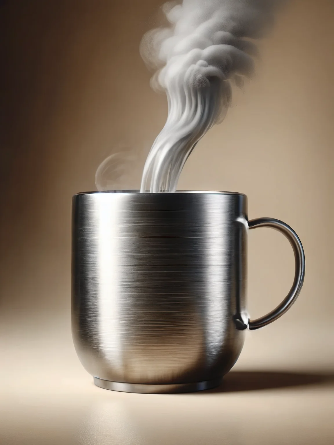 A steaming cup of coffee, its ceramic mug transformed into a smooth, ais-steelz vessel, condensation dripping down its metallic sides <lora:Brushed_Steel_Style_SDXL:1>