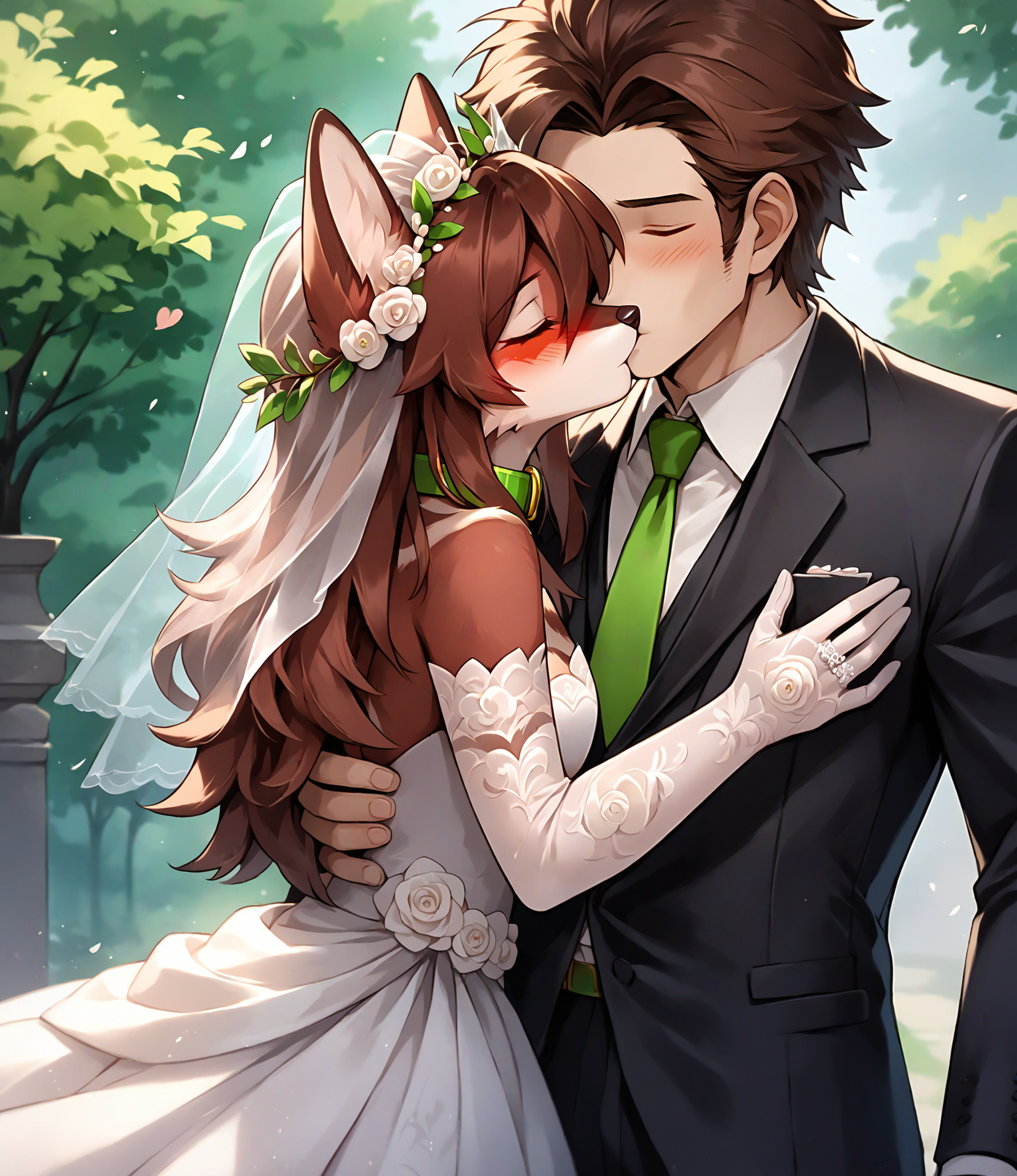 full color, (score_9, score_8_up:1.1), (beautiful anthro wolf female:1.1),   (cute face, cute expression:1.1), kemono artstyle,  ,  (duo:1.1),  <lora:Skylar_Zero:0.9> skylar-zero, green and yellow eyes, green collar, (long hair:1.2), brown hair, (fluffy fur:1.1),  (kissing:1.1),  outdoors,wedding, featureless face on human male,  (human male:1.1), suit on human male, smaller female, standing, (wedding dress:1.1), black suit, green necktie,