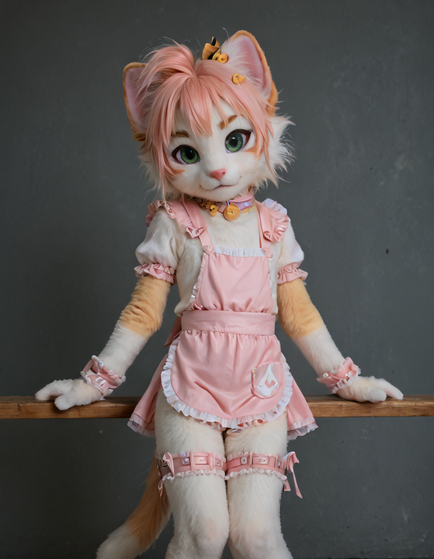 score_9, score_8_up, score_7_up, BREAK <lora:CuteFurry:0.6> CuteFurry, cat, green eyes, white fur, skinny, flat, anthro, (white fur:1.3), fluffy, tail,
 <lora:future-0705Yae Miko:1> future0705, latex, frills, wrist cuffs, thigh belt, apron,, <lora:StS_age_slider_v1_initial_release:-3.4> <lora:Leg Length Slider_alpha1.0_rank4_noxattn_last:-0.9>