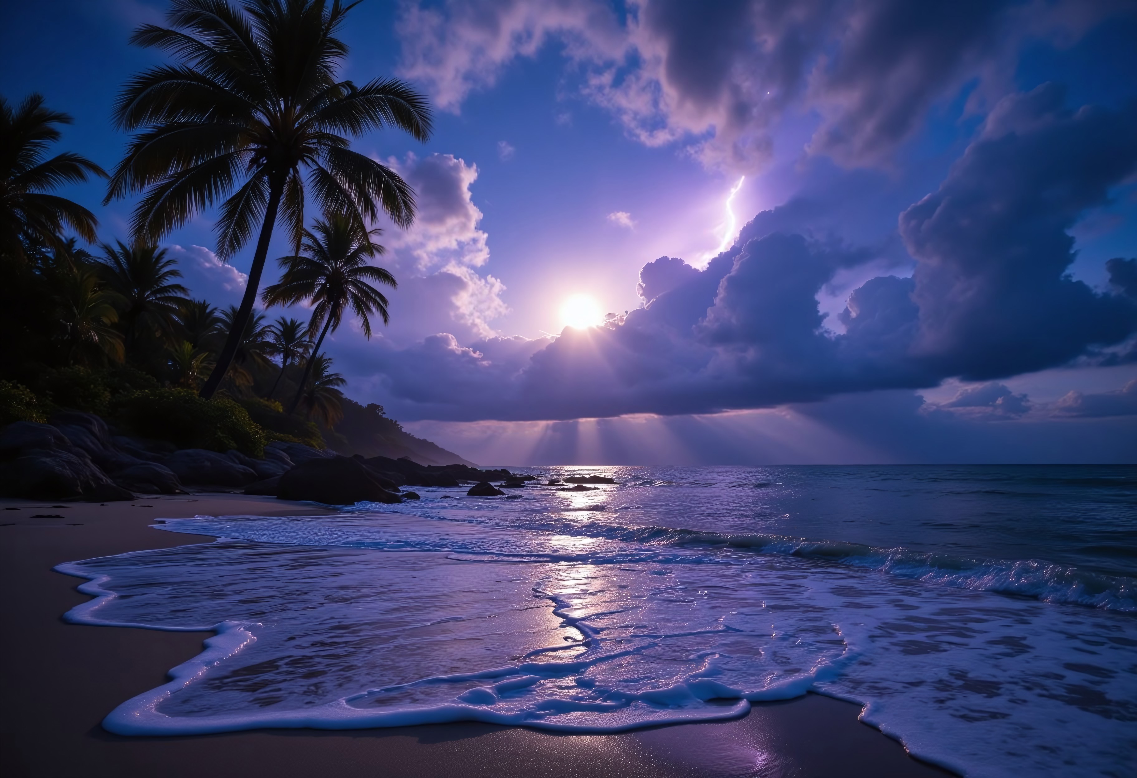 Tropical beach, windy, incoming storm, eerire, fog over the ocean, eerie, ominous, approaching storm, lightning, at night, sci-fi, colorful, glowing, moonlight, moonlight reflecting off the water, lightning illuminating the sky and clouds, hyper-realistic, (no man made lights, the only light sources are the moon and lightning)