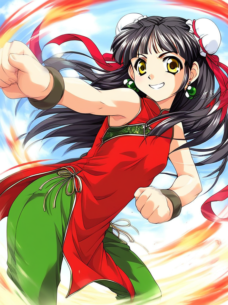 score_9, score_8_up, score_7_up, source_anime, rating_explicit, BREAK  <lora:Kounyan_Ver2.0_XL:1> Kounyan, solo, black hair, long hair, double bun, hair bun, bun cover, yellow eyes, ribbon, earrings,  green_jewelry, 
red china dress, red ribbon,  green pants, 
 outdoor, sky,
smile, fighting_pause, fight style,
looking at viewer, 
cowboy_Shot,