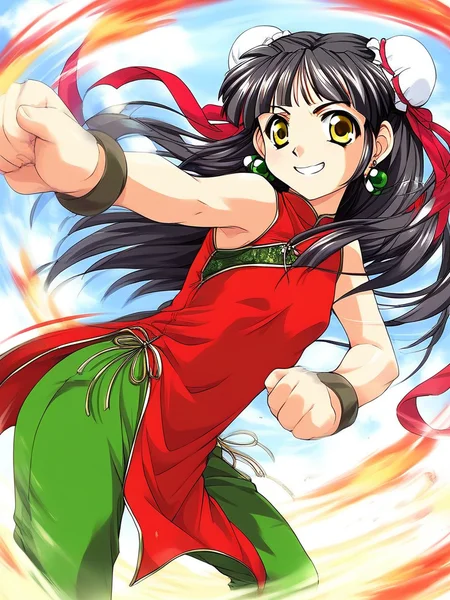 score_9, score_8_up, score_7_up, source_anime, rating_explicit, BREAK <lora:Kounyan_Ver2.0_XL:1> Kounyan, solo, black hair, long hair, double bun, hair bun, bun cover, yellow eyes, ribbon, earrings, green_jewelry,
red china dress, red ribbon, green pants,
outdoor, sky,
smile, fighting_pause, fight style,
looking at viewer,
cowboy_Shot,