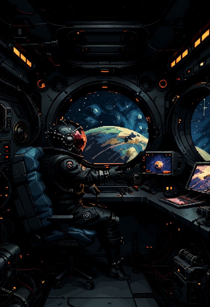 score_9, score_8_up, score_7_up, yamer_pixel_fusion, pixel art, space ship, interior, retro futuristic, atompunk, hyper-detailed, scifi, lofi, d3p1x3l, pixel art