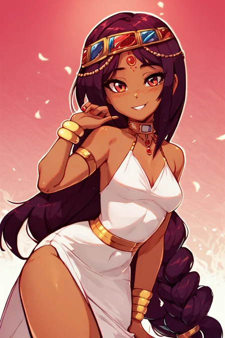 score_9, score_8_up, score_8, medium breasts, (curvy), cute, eyelashes, BREAK, , <lora:Serket_Takatsu_v2:0.7>, zzSerket, dark skin, large breasts, dress, bare shoulders, jewelry, very long hair, bracelet, single braid, circlet,, BREAK, smile, looking at viewer, cowboy shot, embedding:zPDXL, <lora:DiivesP1:0.8>,