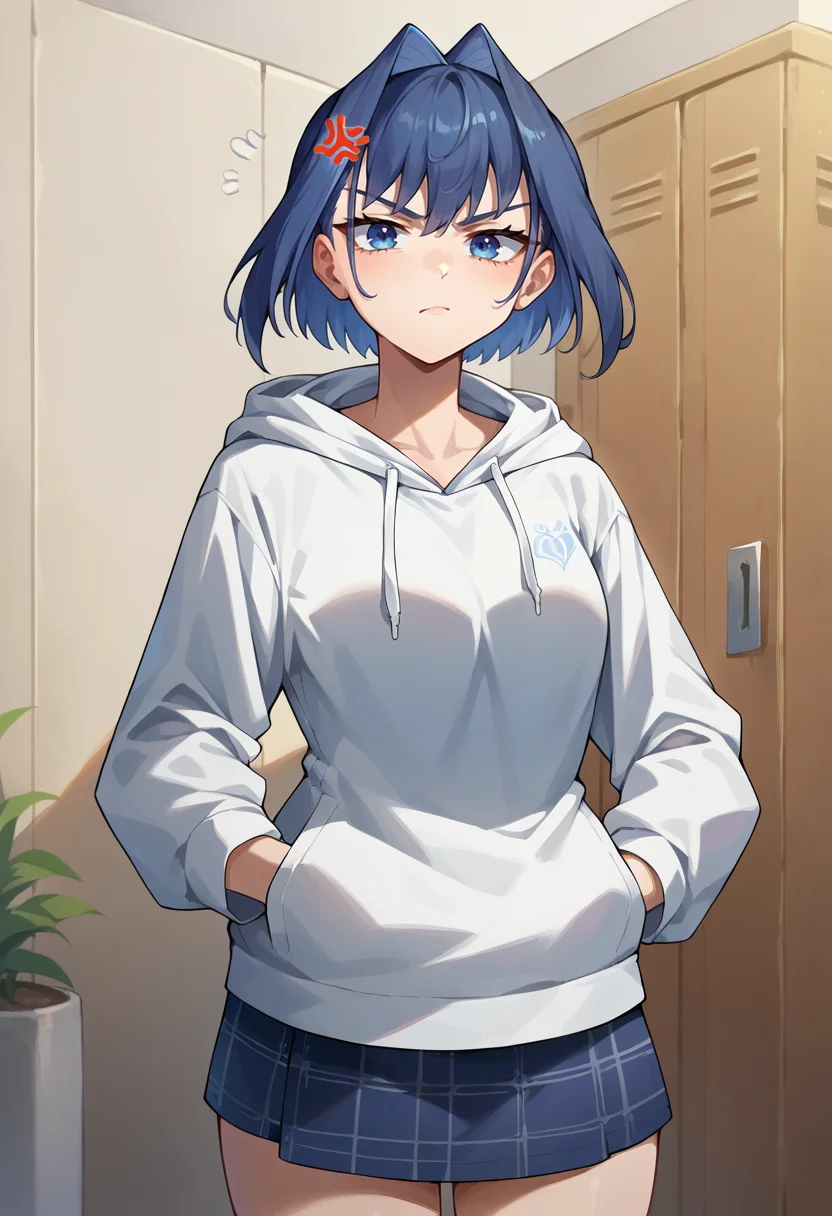 score_9, score_8_up, score_7_up, 1girl, solo, OuroKronii, short hair, hair intakes, indoors, plaid skirt, hoodie, hands in pockets, annoyed, anger vein, <lora:CHAR-OuroKroniiPonyXL:1>
