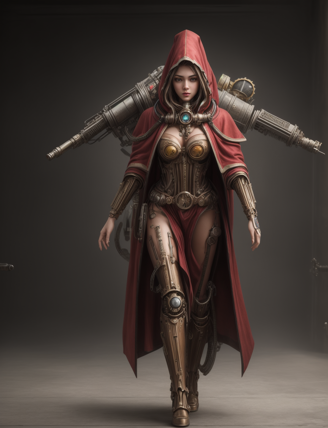 Ultra-realistic 8k CG, masterpiece, best quality, (very detailed face),masterpiece, best quality, 1girl, 20 years old, woman, colorful, (full body, wide shot),  <lora:more_details:0.8>  <lora:techpriest:0.8> mechanical arms, steampunk, hood, robe, techpriest, forgeworld, adeptus mechanicus,