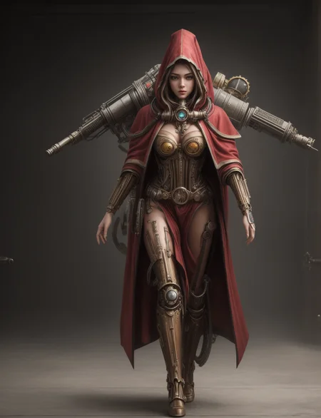 Ultra-realistic 8k CG, masterpiece, best quality, (very detailed face),masterpiece, best quality, 1girl, 20 years old, woman, colorful, (full body, wide shot), <lora:more_details:0.8> <lora:techpriest:0.8> mechanical arms, steampunk, hood, robe, techpriest, forgeworld, adeptus mechanicus,