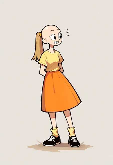 score_9, score_8_up, score_7_up BREAK pegTO, 1girl, bald head, black eyes, yellow hairclip, light brown ponytail, ponytail, buckteeth, bucktooth, no jaw, no lower jaw, half head, jawless, yellow longsleeved shirt, orange skirt, yellow socks, white black shoes, full body, human, cartoon, source_cartoon,