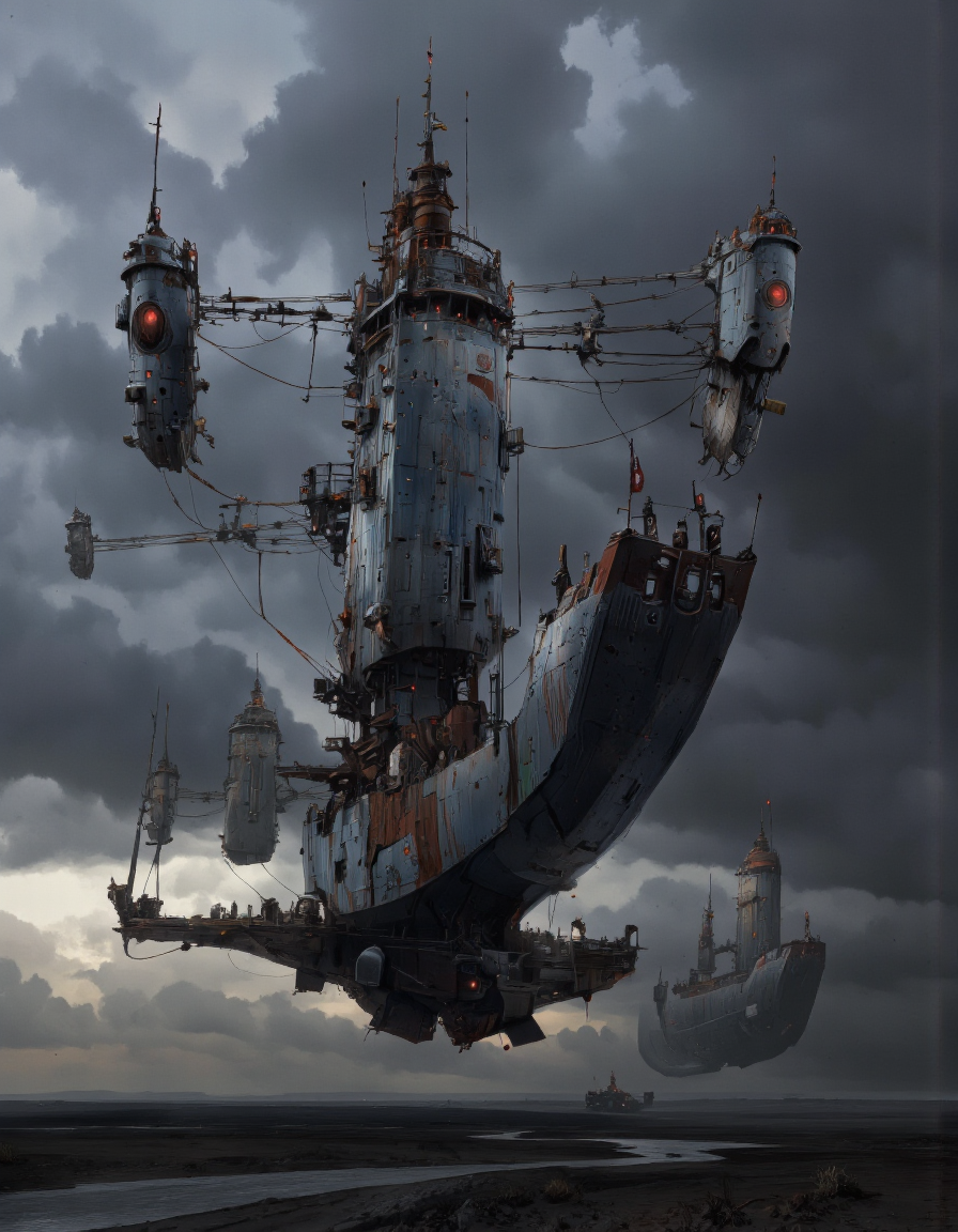 A digital illustration shoot from below about a futuristic ship with a sci-fi aesthetic flying through a stormy sky. the image also shows a large ship in the middle of the image, which appears to be a large, ship-like structure with multiple towers and multiple smaller structures on its deck. the ship has a metallic sheen and is floating in the air, with two smaller ships visible in the background. on the top of the ship, there are several small, metallic structures with glowing red eyes, suspended in mid-air by cables. The structures appear to be futuristic, with a sleek, metallic design and intricate details. the sky is filled with dark, stormy clouds, and the ground below is barren and desolate, with no other structures or vehicles visible. the overall atmosphere is dramatic, with dramatic lighting and a sense of movement and energy.