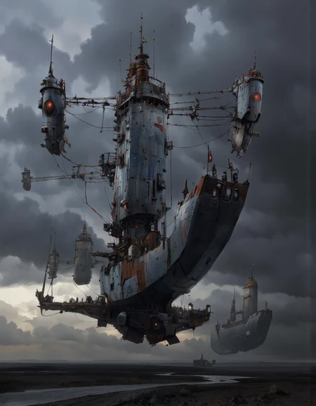 A digital illustration shoot from below about a futuristic ship with a sci-fi aesthetic flying through a stormy sky. the image also shows a large ship in the middle of the image, which appears to be a large, ship-like structure with multiple towers and multiple smaller structures on its deck. the ship has a metallic sheen and is floating in the air, with two smaller ships visible in the background. on the top of the ship, there are several small, metallic structures with glowing red eyes, suspended in mid-air by cables. The structures appear to be futuristic, with a sleek, metallic design and intricate details. the sky is filled with dark, stormy clouds, and the ground below is barren and desolate, with no other structures or vehicles visible. the overall atmosphere is dramatic, with dramatic lighting and a sense of movement and energy.