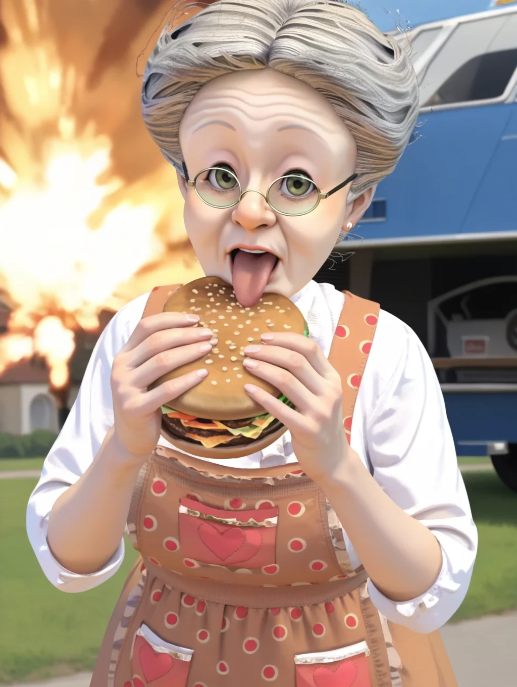 score_9, score_8_up, score_7_up, score_6_up, uncensored, source_anime, rating_safe,anime screencap,
BREAK,
solo,
<lora:vgrandmother:0.8>,vgrandmother, old woman, apron, long skirt, shirt, old,
short legs,
happy, , open eyes,
line art,
<lora:jermawhopper-pdxl-nvwls-v1:0.6>,jermaWhopper, eating, burger, looking at you, upper body,
open mouth, tongue out,
battle field,explosion,crashing plane,