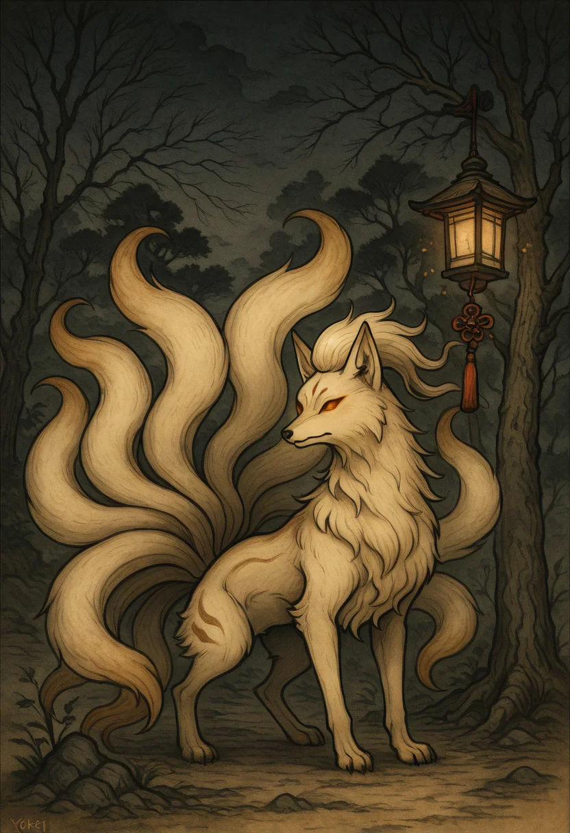 masterpiece, best quality, y0k4i, ninetales, tree, bare tree, lantern, glowing, night, <lora:YokaiPokedex_IXL:1.0>,