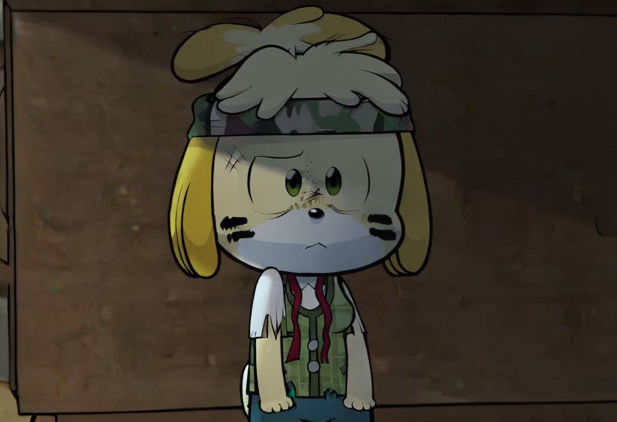 score_9, score_8, score_7, source_anime, isaruieve, pocket, scratches, medium breasts, shorts, closed mouth, blurry background, raised eyebrows, box, camouflage, undone neck ribbon