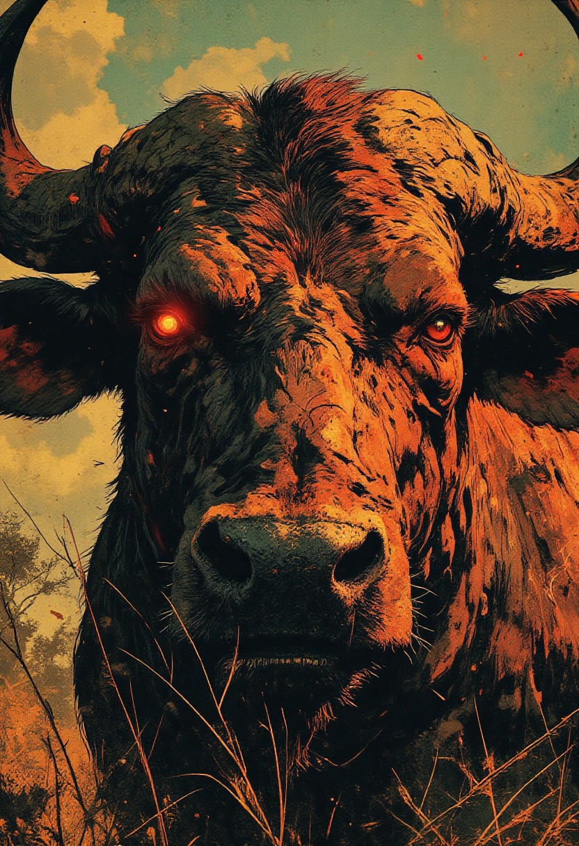 masterpiece, best quality, hyper-detailed, highly detailed, hyper realistic, extreme close-up, massive bull, piercing crimson-red glowing eyes, focal point,
two strands of tall dry grass partially obscuring face,
thick weathered hide, deep creases and scars, years of survival,
large curved horns, weathered, cracked, rugged texture with fragmented light,
powerful unmoving stance, primal dominance,
dust clinging to skin, golden light filtering through savanna vegetation,
shifting shadows from sparse trees, spectral highlights flickering on brow,
interplay of light and shadow, raw presence, relic of untamed past, ancient, unyielding