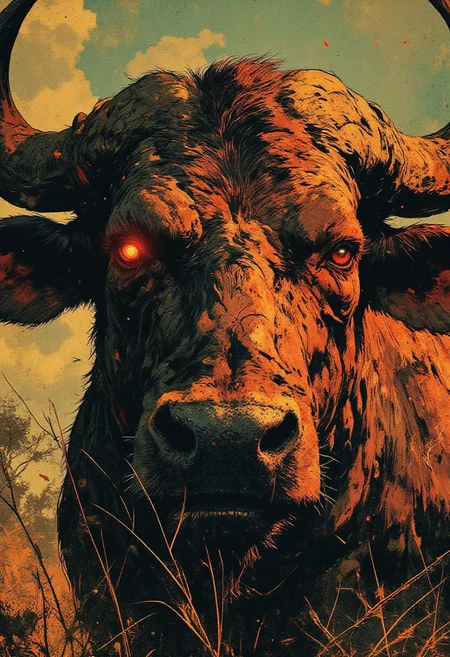 masterpiece, best quality, hyper-detailed, highly detailed, hyper realistic, extreme close-up, massive bull, piercing crimson-red glowing eyes, focal point,
two strands of tall dry grass partially obscuring face,
thick weathered hide, deep creases and scars, years of survival,
large curved horns, weathered, cracked, rugged texture with fragmented light,
powerful unmoving stance, primal dominance,
dust clinging to skin, golden light filtering through savanna vegetation,
shifting shadows from sparse trees, spectral highlights flickering on brow,
interplay of light and shadow, raw presence, relic of untamed past, ancient, unyielding