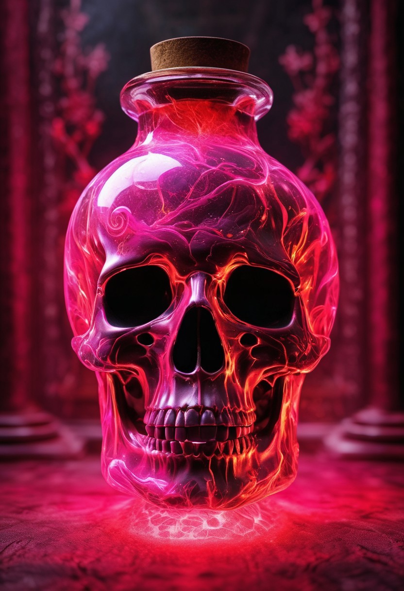 Score_9, Score_8_up, Score_7_up, Score_6_up, Score_5_up, Score_4_up, high_def, highest quality, 4k, best quality, masterpiece, no humans, object focus, focused, defined, (Photorealistic magic potion:1.3), intricate glass bottle, elixir, (((skull inside potion:0.7))), neon red colors, pink hues, bubbling, ethereal light, flashy lights, magic lights, luminous, dynamic reflections, magical aura, highly detailed, fantasy essence, glowing particles, radiant aura