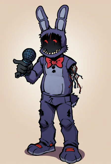 score_9, score_8_up, score_7_up,,  good quality ,, character focus, solo, , best quality , detailed background,   <lora:17Bucks_style_-_Friday_Night_Funkin:1> cartoon, stylized art, cartoonish, cartoon, flat colors, bold outlines, rough outlines, gradient shading, minimal gradients, indie cartoon aesthetic, full body, standing, digital art, 2d, 2d art, holding, holding microphone, white background, seventeenbucks <lora:withbon-10:1> withbon, solo, no humans, bow, rabbit ears, (( amputated arm, missing arm