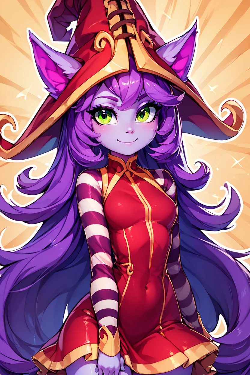score_9, score_8_up, score_8, medium breasts, (curvy), cute, eyelashes, BREAK, , <lora:LuluLeagueoflegendsPDXL:0.8>, zzLulu, long hair, bangs, animal ears, green eyes, purple hair, colored skin, purple skin, long sleeves, hat, dress, red dress, red headwear, ears through headwear, striped sleeves, yordle,, BREAK, smile, looking at viewer, abstract background, white outline, cowboy shot, embedding:zPDXL, Expressiveh, <lora:CatalystStylePDXL:0.6>, <lora:SDXLFaeTastic2400:0.5>, <lora:Expressive_H-000001:0.4>,
