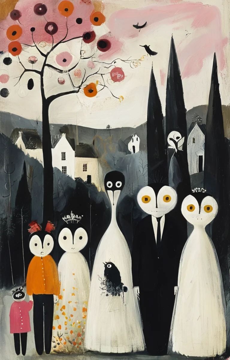 masterpiece,best quality,<lora:tbh198-sdxl:0.9>,illustration,style of Mary Fedden portrait of family