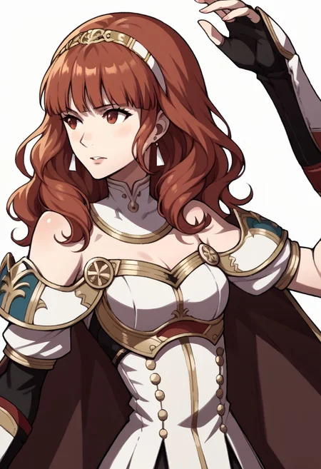 score_9, score_8_up, score_7_up, source_anime BREAK 1girl, solo, <lora:zs_AwakeningPortraitsXL:1> awakeningportraits, portraits, white background, <lora:fecelica-pdxl-nvwls-v1-000005:1> defCeli, red hair, red eyes, hairband, earrings, cape, detached collar, white dress, cleavage, bare shoulders, arm guards, fingerless gloves