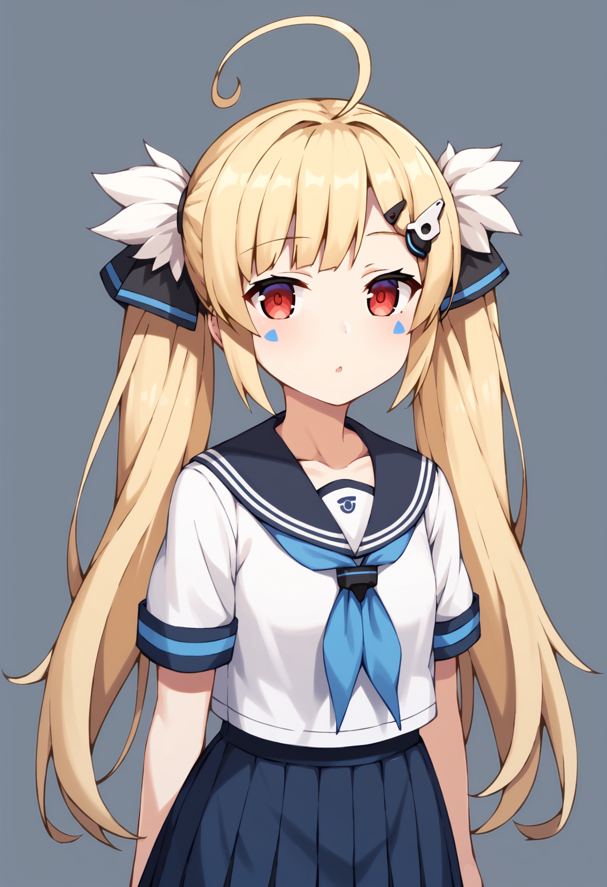 score_9, score_8_up, score_7_up, source_anime, rating:general, 
BREAK,
1girl, solo,   
 <lora:eldridge_azurlane_ponyXL_v1:1> eldridge (azur lane), blonde hair, long hair, ahoge, twintails, hair ornament, red eyes, facial mark, hairclip, 
school uniform, serafuku,