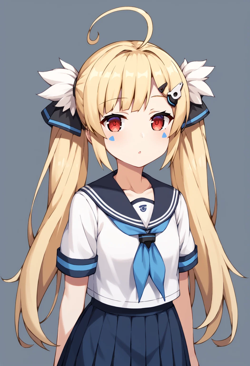 score_9, score_8_up, score_7_up, source_anime, rating:general,
BREAK,
1girl, solo,
<lora:eldridge_azurlane_ponyXL_v1:1> eldridge (azur lane), blonde hair, long hair, ahoge, twintails, hair ornament, red eyes, facial mark, hairclip,
school uniform, serafuku,