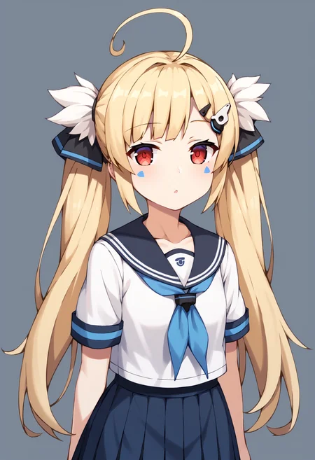 score_9, score_8_up, score_7_up, source_anime, rating:general, 
BREAK,
1girl, solo,   
 <lora:eldridge_azurlane_ponyXL_v1:1> eldridge (azur lane), blonde hair, long hair, ahoge, twintails, hair ornament, red eyes, facial mark, hairclip, 
school uniform, serafuku,