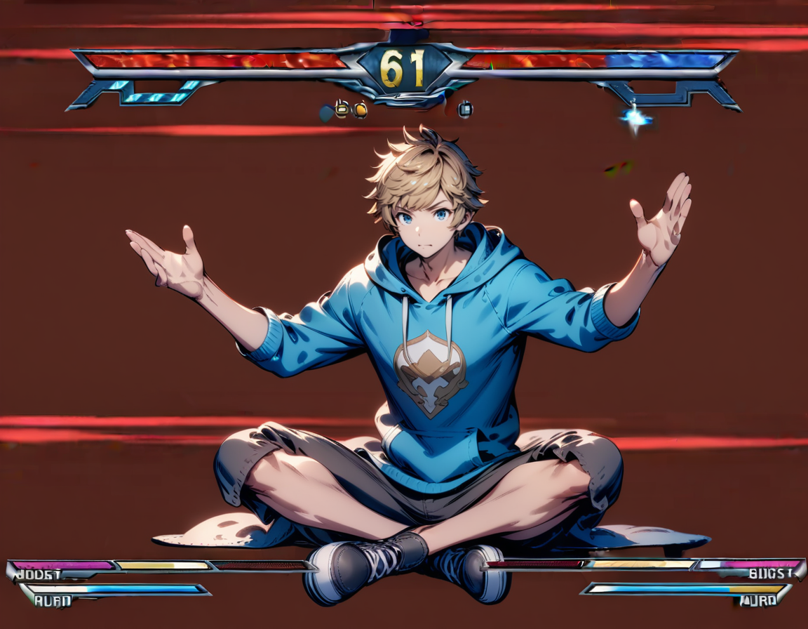 masterpiece, best quality, ultra detailed, highres,4k,(ultra-detailed:1.4) (illustration:0.5), (ray tracing,:0.8),(anime colored:0.7),(ai-generated:0.5),
1boy,
gran \(granblue fantasy\), granblue fantasy,
casual wear,
<lora:hokutoujouhagankenXL2:1>,hokutoujouhaganken,sitting,gameplay mechanics,fighting game,indian style,character name,(arms up:0.5), (logo:1.4),
simple background,full body,