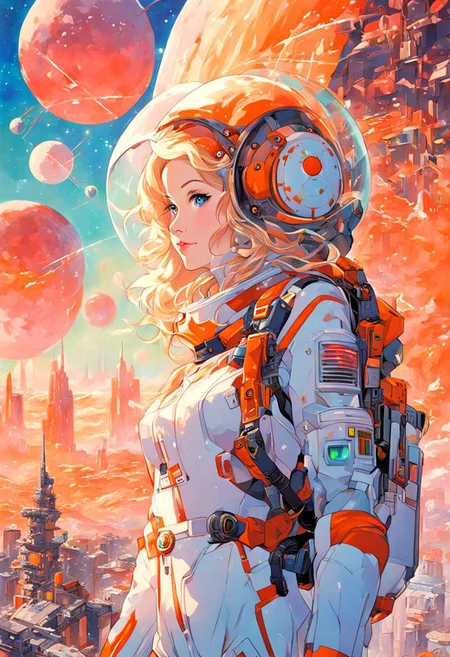 Caroline Diethard Sorg, Woman spacesuit, helmet, alien landscape, alien sky, glowing crystal buildings in the background, Macross