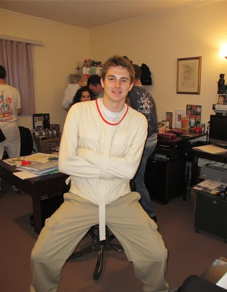This is a photograph taken indoors, likely in an office or study room, showing a handsome, attractive young man in a playful, exaggerated pose. He is wearing a white sjposey and cargo pants. The man has short brown hair, with a playful, evil expression and smirk on his face. He is facing the left side, looking away from the camera. In the background, there are people, suggesting a house party. The image is a low quality old photo shot on old camera. The room has beige walls and a carpeted floor <lora:straitjacketflux-posey:1> <lora:amateurphoto-6version:1>