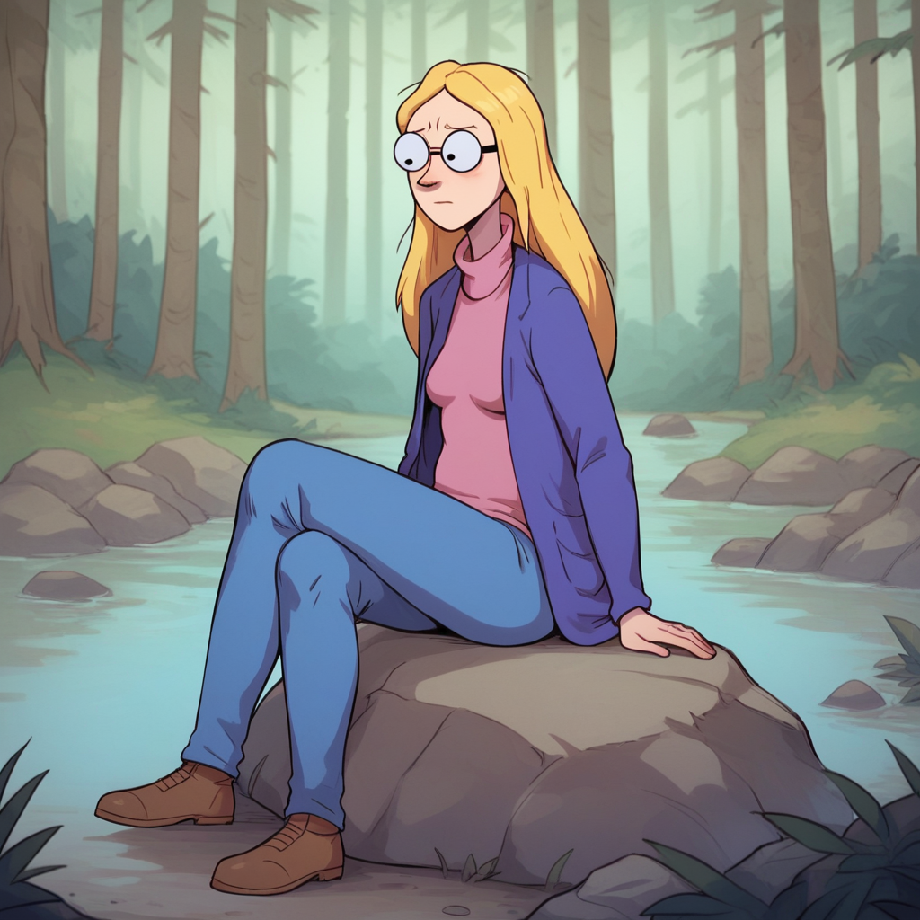 score_9_up, score_8_up, score_7_up, BREAK, Mum, 1girl, solo, blonde hair, long hair, black eyes, glasses, grey turtleneck sweater, blue jacket, blue pants, sitting on rock, <lora:Mum_HorridHenry_PXL_Leaf1:1>, forest,