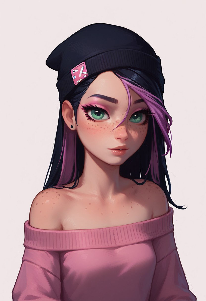 score_9,score_8_up,score_7_up, 1girl, green eyes, black hair, purple highlights, pink eyeshadow, freckles. wearing beanie, off-shoulder sweater